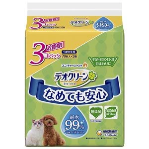 （まとめ）デオクリーン 純水99%ウェットティッシュつめかえ用 70枚×3個パック【×5セット】 (犬猫用品/お手入れ用品)