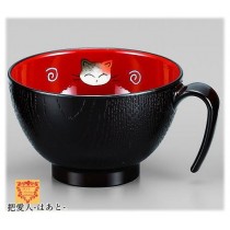 スープカップ　 ねこ（手描）手付 溜 会津若松漆器
