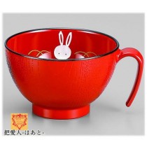 スープカップ　 うさぎ（手描）手付 朱 会津若松漆器
