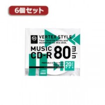 6個セット VERTEX CD-R（Audio） 80分 20P インクジェットプリンタ対応（ホワイト） 20CDRA80VX.WPX6