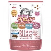 〔まとめ〕 キャットフード ペットフード MiawMiaw カリカリ小粒タイプミドル 子ねこ用おにくとおさかなブレンド 580g 6セット【代引不可】
