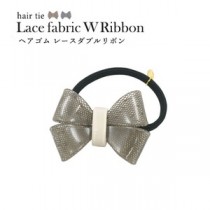 【5個セット】ヘアゴム レースダブルリボン（カーキ）