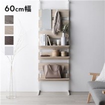 突っ張りラック ミラー付き ナチュラル×ホワイト 60cm幅 壁面収納 棚 パーテーション ウォールラック 組立品