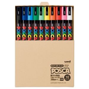 （まとめ） 三菱鉛筆 水性マーカー ポスカ 中字丸芯 簡易紙箱入 10色（各色1本） PC5MT10C 1パック 【×3セット】