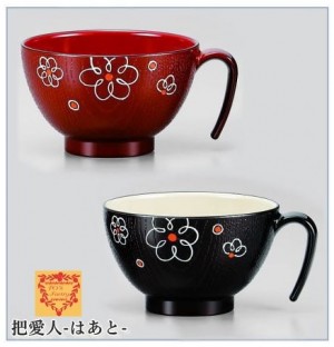 スープカップ　セット　【花】 春慶＆溜　 彩美手付汁椀（手描） 会津若松漆器　