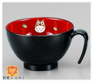 スープカップ　 ふくろう（手描）手付 黒 会津若松漆器