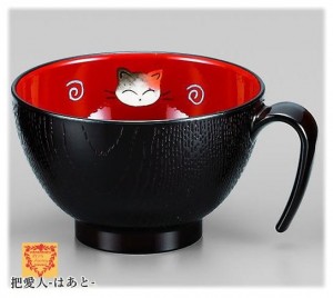 スープカップ　 ねこ（手描）手付 溜 会津若松漆器