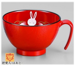 スープカップ　 うさぎ（手描）手付 朱 会津若松漆器