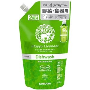 (まとめ) サラヤ ハッピーエレファント 野菜・食器用洗剤 グレープフルーツ 詰替用 500ml 1個 【×5セット】