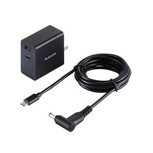 エレコム ノートPC用ACアダプター／PD対応／52.5W／Type-C1ポート／USB-Aメス1ポート／GaN（窒化ガリウム）／C-丸型コネクタケーブル付属／2m／ブラック ACDC-PD10525BK
