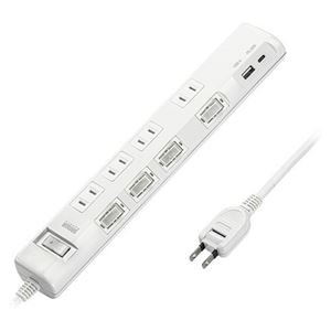 サンワサプライ 節電タップ 2P形状 4個口 1m ホワイト TAP-B107UC-1W