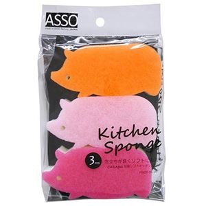 【10セット】 ワイズ CARAful抗菌ソフトキッチンスポンジ ぶた3個組 AS-002X10