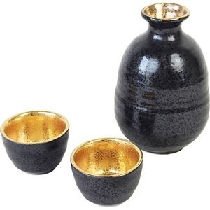 高田焼酒器釉重ね金彩天目 ぐい呑(φ5.5×3.5cm)×2、徳利(φ8×11.5cm・280ml)×1 C6103628