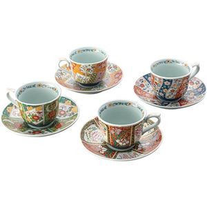 波佐見焼 友禅華絵 珈琲碗皿4客揃 碗φ9×6.8cm、皿φ15.5×3cm B1143576